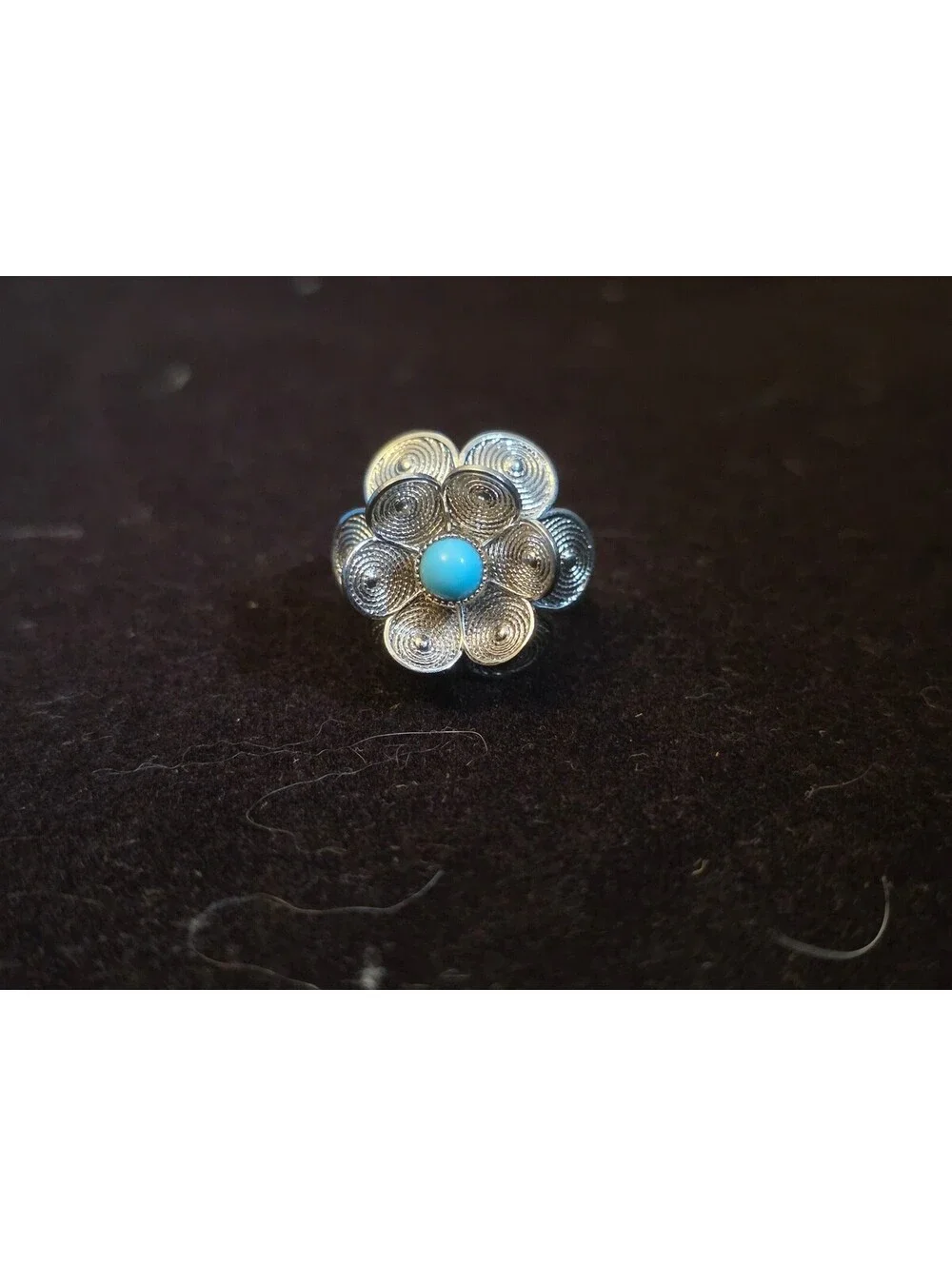Vintage 1970s Sarah Coventry Silver Flower Filigree Ring with Turquoise Cabochon